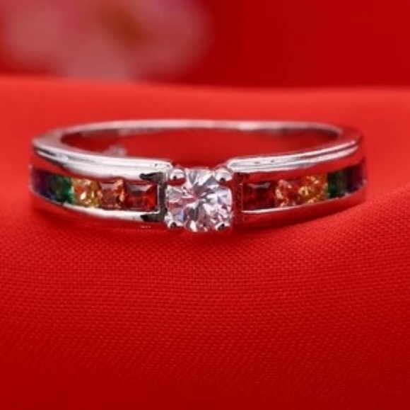 🌈NEW STERLING RAINBOW CHANNEL SET CZ RING - Picture 3 of 8